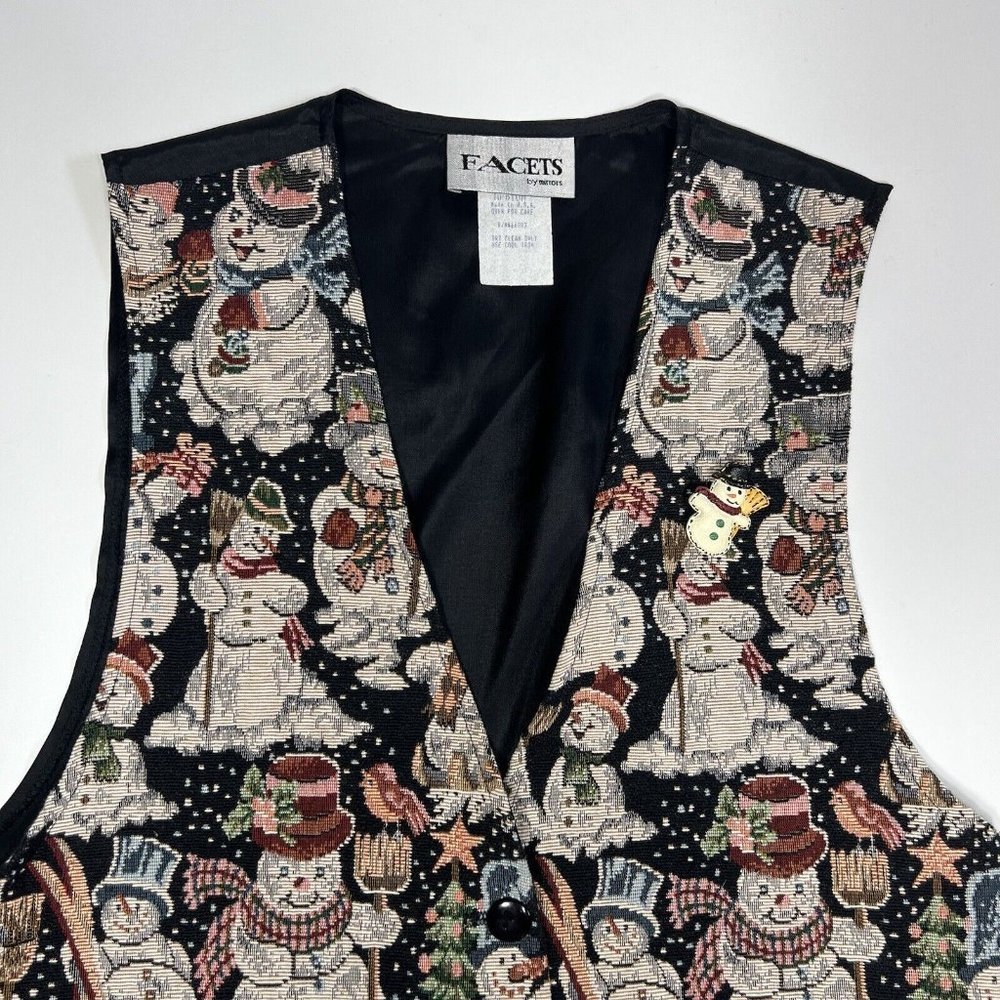 Vintage Facets by Mirrors Tapestry Christmas Snowman Vest With Pin Women’s M